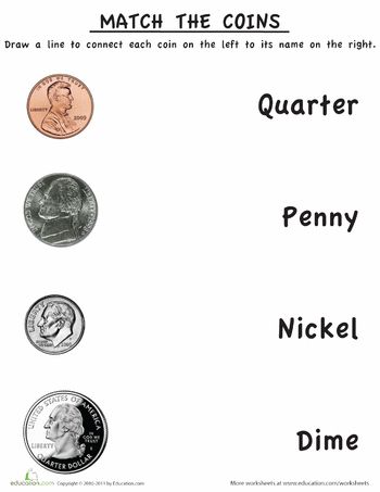 Worksheets: Learn the Coins: Coin Matching Kindergarten Money Worksheets, Counting Coins Worksheet, Money Kindergarten, Identifying Coins, Counting Money Worksheets, Money Math Worksheets, Learning Money, Teaching Money, Money Math