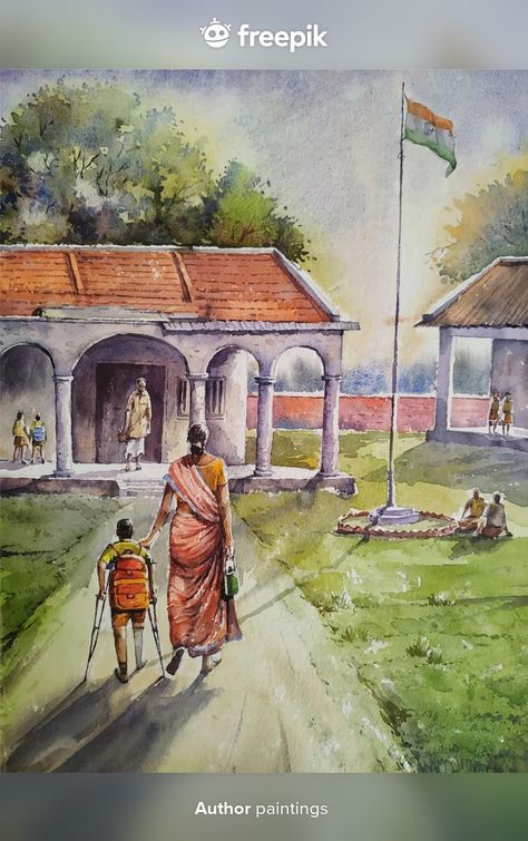 Watercolor Village, Scenery Drawing For Kids, Indian Contemporary Art, Ballpoint Pen Art, Watercolor Scenery, Village Scene, Basic Drawing, Watercolor Landscape Paintings, Hand Drawn Illustration