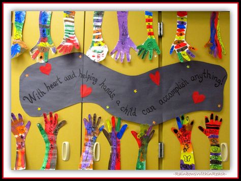 back to school bulletin boards pinterest | Back to School Hand Art in Kindergarten via RainbowsWithinReach Hand Print Bulletin Board Ideas, Kindness Bulletin Board, Door Bulletin Boards, Classroom Doors, Preschool Bulletin, Preschool Bulletin Boards, Display Boards, Back To School Bulletin Boards, Hands Art