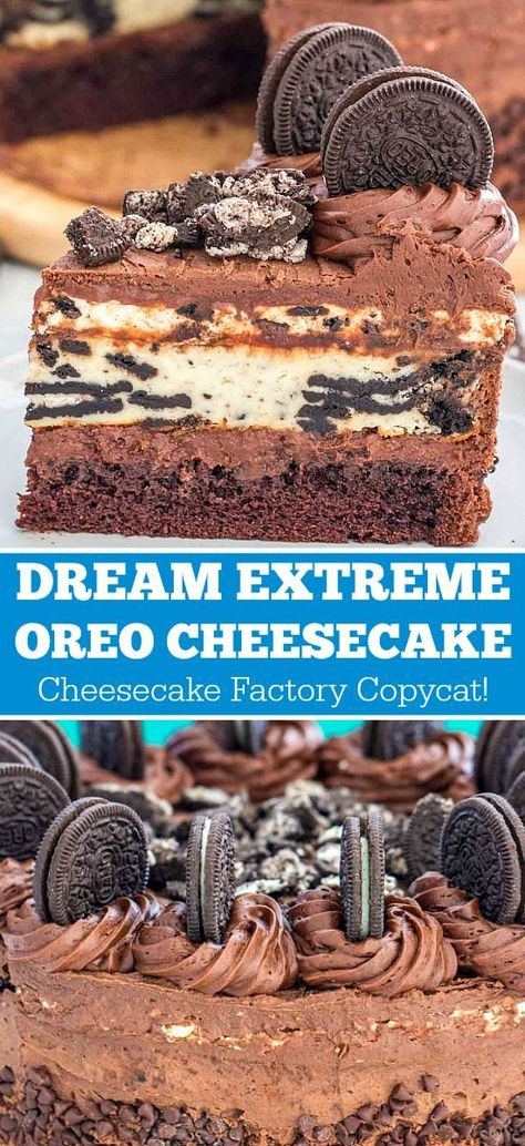 Dream Extreme Oreo Cheesecake is a rich and fudgy cake, with a chocolate layer, Oreo Cheesecake and Oreo Mousse, topped with a layer of chocolate ganache. #cheesecake #oreocheesecake #cheesecakefactory #dessertrecipes #sweetandsavorymeals #copycat Ganache Cheesecake, Chocolate Ganache Cheesecake, Oreo Mousse, Cupcakes Oreo, Cheesecake Factory Copycat, Fudgy Cake, Chocolate Cake Mix Cookies, Cheesecake Cake, Salty Cake