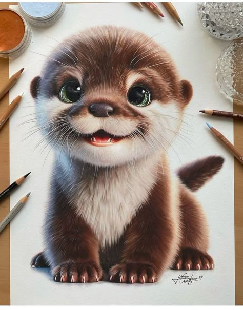 Pencil Colour Painting, Otter Drawing, Otters Cute, Baby Animal Drawings, Cute Kawaii Animals, Animated Animals, Baby Animals Pictures, Keramik Design, Baby Fabric