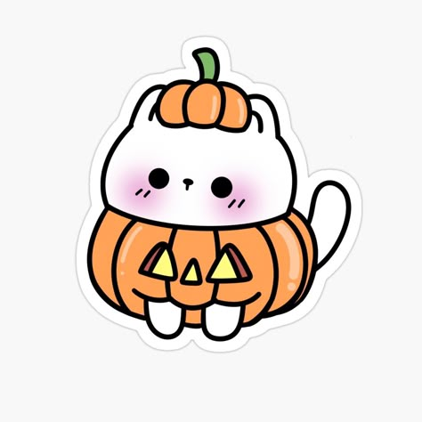 Get my art printed on awesome products. Support me at Redbubble #RBandME: https://www.redbubble.com/i/sticker/Kawaii-Pumpkin-Cat-Halloween-Kitten-by-millistudio/163106456.EJUG5?asc=u Halloween Kids Drawing, Pumpkin Cute Drawing, Halloween Stickers Aesthetic, Nightmare Before Christmas Clothing, Lunchbox Cards, Kawaii Pumpkin, Turkey Drawing, Kitten Stickers, Pumpkin Cat