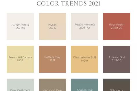 Benjamin Moore’s 2021 Color Trends palette includes 12 colors. “Aegean Teal” is its 2021 Color of the Year.” The full palette isAtrium White, Muslin, Foggy Morning, Rosy Peach, Beacon Hill Damask, Potters Clay, Chestertown Buff, Amazon Soil, Gray Cashmere, Kingsport Gray, Aegean Teal and Silhouette. Chestertown Buff, Kingsport Gray, Hallway Colors, 2021 Color Of The Year, Aegean Teal, Aqua Watercolor, Hallway Colours, Potters Clay, Gray Cashmere