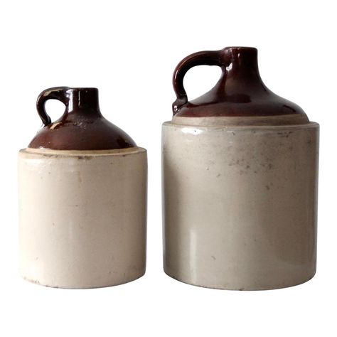 Antique Stoneware Crock Jugs - a Pair | Chairish Jugs Decor, Crystal Glassware Antiques, Vintage Dishes Antiques, Antique Crock, Antique Stoneware Crocks, Antique Jug, Top Of Cabinets, Antique Crocks, Old Crocks