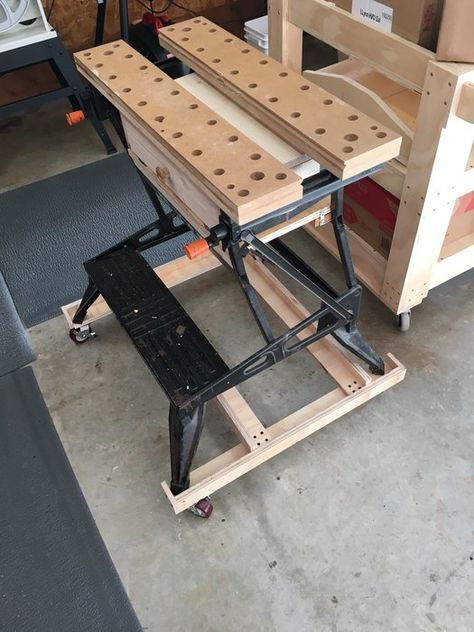 WorkMate Roller Stand - by Gus01 @ LumberJocks.com ~ woodworking community Portable Workbench, Woodworking Garage, Woodworking Power Tools, Diy Workbench, Into The Wood, Woodworking Workbench, Woodworking Table, Tool Cabinet, Diy Holz