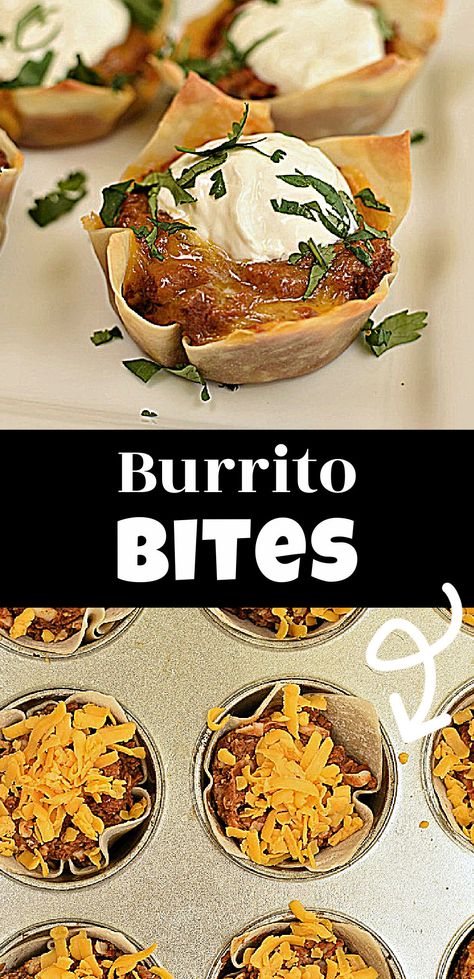 Mini Bean Burritos, Burrito Bites, Burrito Seasoning, Easy Burritos, Wrapper Recipes, Wonton Wrapper Recipes, Kid Meals, Wonton Cups, Beef Dinners