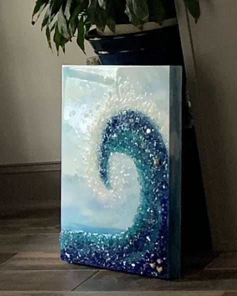 Recycled glass wave with poured resin. Ocean wave. Crushed glass. Broken glass. Artfully Broken on Facebook. Broken Artwork, Shattered Glass Art, Glass And Resin Art, Broken Glass Crafts, Glass Broken, Coastal Glam, Glass Mosaics, Cap Ideas, Shattered Glass