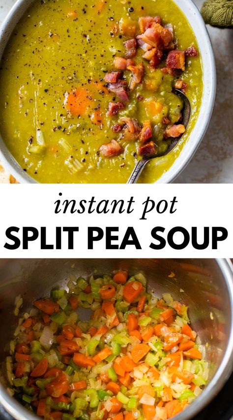 You’ll find a nourishing and comforting mix of pancetta, split peas, and vegetables in this incredibly easy Instant Pot Split Pea Soup recipe. Ready in just 30 minutes, it’s the best soup for cozy weeknight dinners! Split Pea And Ham Soup Instapot, Easy Split Pea Soup, Instant Pot Split Pea Soup, Instant Pot Split Pea, Vegetarian Split Pea Soup, Green Beans Soup, Pea Soup Recipe, The Best Soup, Green Split Peas