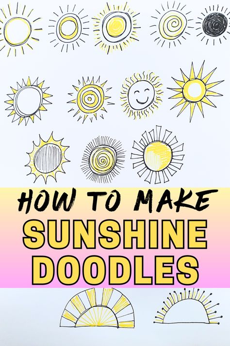 How to make sunshine doodles. Easy doodles tutorial to make different sunshine designs without special drawing skills Drawing A Sun, How To Draw A Sun, Sunrise Doodle, Sunshine Doodle, Doodles Tutorial, Tree Doodles, Sun Clipart, Doodles Easy, Sharpie Drawings