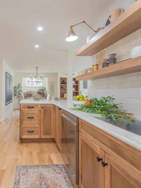 Wood Cabinets And Wood Floors, Property Brothers Designs, Kitchen Island Hack, Best Kitchen Ideas, Living Room Lighting Design, Warm Kitchen, White Tile Backsplash, Sectional Chaise, Faux Wood Beams