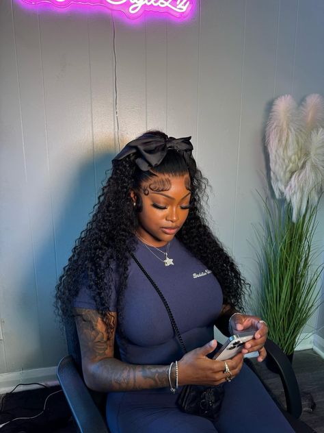 Half Up Half Down Hair Black Women Lace Wig, Half Wig Ponytail Hairstyles, Half Up Half Down Lace Front Wig Short, Half Up Half Down Hair Wig Install, Half Wig Half Up Half Down, Curly Half Wig Hairstyles Black Women, Bow Lace Front Wig, Bow Hairstyle Black Women, Lace Wigs Styles