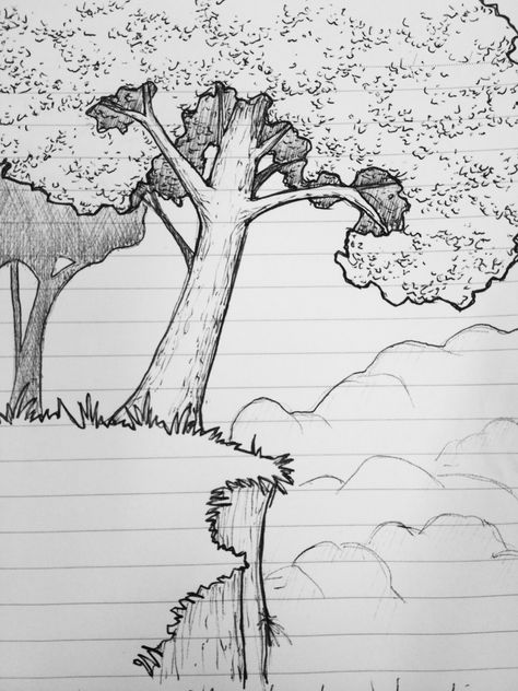 It's a tree on the edge of a cliff. And there's some clouds. How To Draw A Cliff Edge, Edge Of A Cliff Drawing, Scenery Drawings Easy, Complex Sketches, Warforged Druid, Drawing Trees, Whimsical Trees, Sketchbook Assignments, Edge Of A Cliff