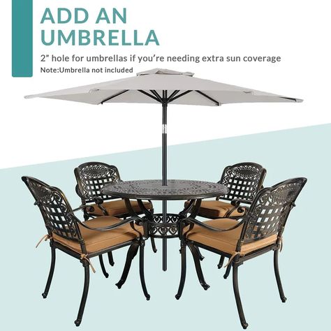 Canora Grey Demarri Round 4 - Person 40.3'' Long Dining Set with Cushions | Wayfair Outdoor Dining Table Setting, Table With Umbrella, Garden Deck, Patio Bar Table, Patio Bar Set, Outdoor Wicker Furniture, Best Outdoor Furniture, Family Dining, Deck Garden