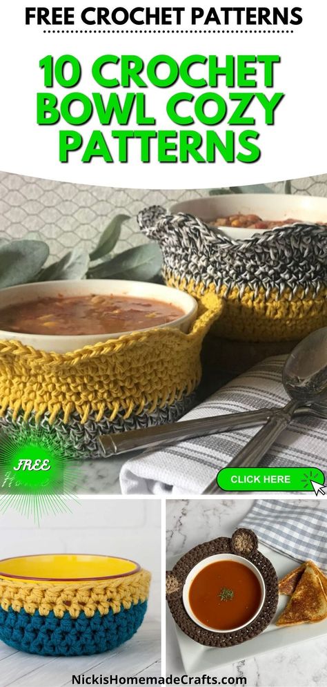 Create the perfect bowl cozies for your family’s favorite soups and stews with this crochet bowl cozy pattern! Not only does this crochet pattern provide a decorative and beautifully textured addition to your kitchen, but it also prevents burning hands when serving hot meals. With a variety of color and texture options, you can customize your bowl cozies to your unique taste. Create lasting memories with these timeless crochet bowl cozy patterns! Bowl Cozy Patterns, Crochet Bowl Cozy Pattern, Crochet Bowl Cozy, Bowl Cozy Pattern, Soup Bowl Cozy, Soup Bowls With Handles, Crochet Bowl, Crochet Hot Pads, Bowl Cozies