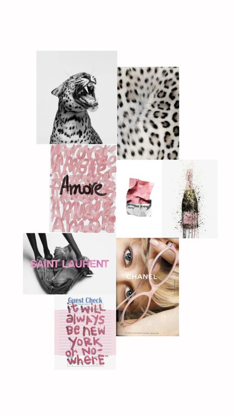 Poster with leopard print, poster with black and white panther, pink amore poster, pantone pink poster, champagne pink bottle poster, black and white pink saint laurent, chanel pink glasses poster, it will always be new york or nowhere poster pink Clean Girl Posters, Poster Wall Ideas, Girl Posters, Poster Ideas, Wall Ideas, Clean Girl, Room Inspo, Poster Wall, Wall