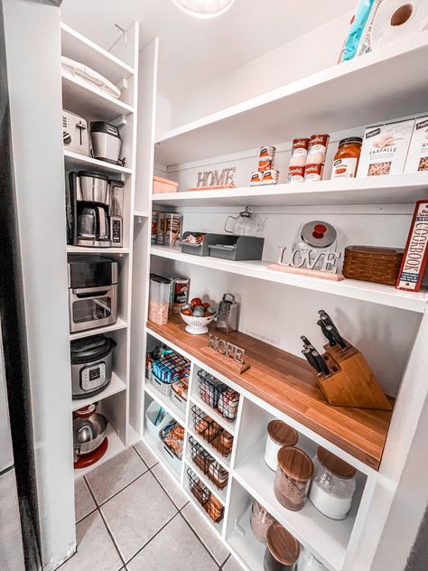 fully custom pantry with appliance storage and a place for a mop and broom Pantry Broom Storage, Broom Storage In Pantry, Pantry With Vacuum Storage, Pantry With Broom Storage, Pantry With Appliance Storage, Pantry Broom Closet Combo, Pantry Appliance Storage, Pantry Redesign, Cottage Cabinets