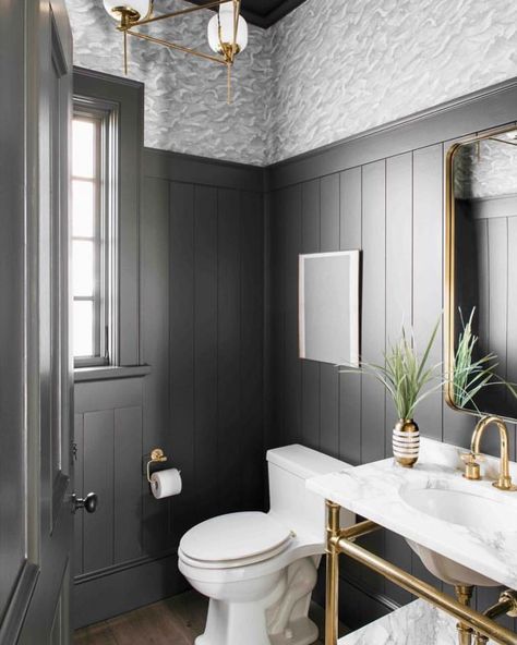 Decadent powder room with wide vertical shiplap and Cole & Son Columbus wallpaper | by Cortney Bishop Design Shiplap Bathroom, Powder Room Design, Bad Inspiration, Downstairs Bathroom, Home Luxury, Bathroom Wallpaper, Bathroom Renos, Ship Lap Walls, House Bathroom