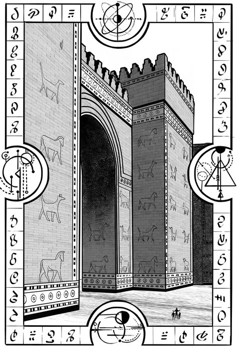 Gate of Ishtar. Babylonian Mythology. Battle in Pieve Olimpia. Aki and the Spheres of Time #6 Ishtar Gate Architecture Drawing, Ishtar Gate Sketch, Ishtar Gate Drawing, Babylonian Mythology, Iraqi Flag, Ishtar Gate, Ancient World History, Ancient Babylon, Interior Design History