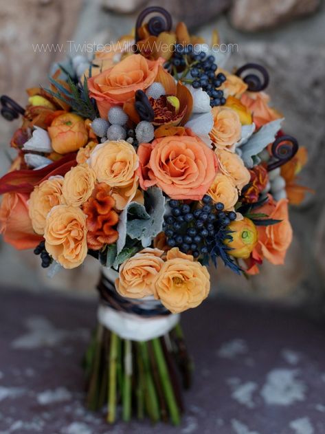 Orange and grey with a touch of blue. Blue Bridal Bouquet, Orange Wedding, Peach Wedding, October Wedding, Bride Bouquets, Wedding Color Schemes, Fall Flowers, Wedding Themes, Lauren Conrad