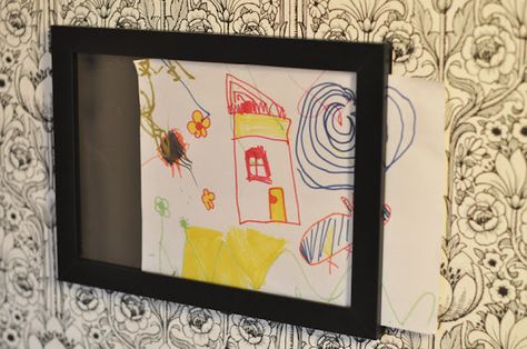 Want to display your child's masterpieces?  Well, hang a custom #frame that you can easily slide your child's #art in and out of to easily switch it up! Ikea Picture Frame, Diy Framed Art, Ikea Hack Kids, Diy Slides, Ikea Pictures, Diy Kids Art, Cadre Diy, Displaying Kids Artwork, Art Display Kids