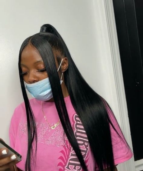 Slick Back Long Straight Ponytail, High Ponytail With Two Bangs, Ponytail With Two Strands Out, Slick Back Ponytail Weave With Bangs, Slick Back Extended Ponytail, Long Straight Ponytail Black Women, Ponytail Straight, Straight Ponytail Hairstyles, Bhaddie Hairstyle