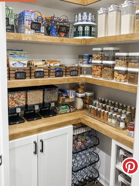 Corner Pantry Organization Ideas Shelves, Small Kitchen Pantries, Pantree Ideas, Small Kitchen Pantry Makeover, Builder Grade Corner Pantry Makeover, Microwave In Pantry Closet, Upgrade Wire Shelves In Pantry, Corner Pantry Makeover Diy, Diy Pantry Makeover Ideas