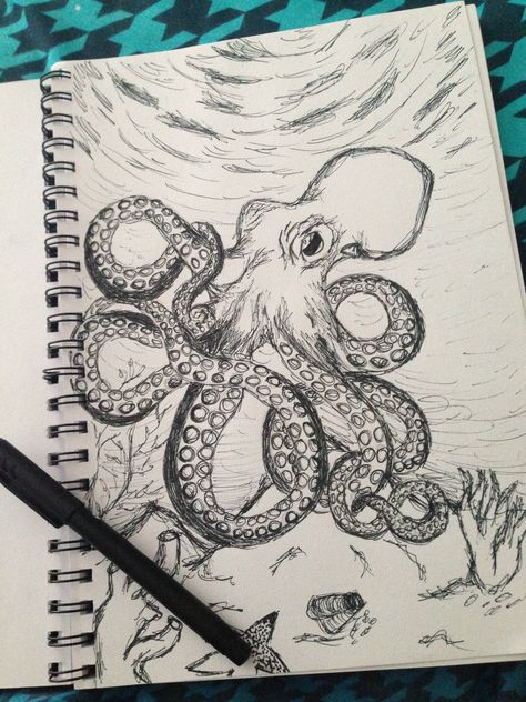 Octopus Drawing Fine Liner Sketch Octopus Pen Drawing, Fine Liner Pen Art, Octopus Drawing Simple, Octopus Ceramics, Fine Liner Sketch, Fine Liner Drawings, Under The Sea Drawings, Corner Drawing, Octopus Sketch