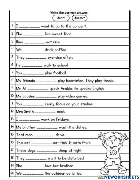 Don't vs Doesn't interactive worksheet for Year 5. You can do the exercises online or download the worksheet as pdf. Don't And Doesn't Worksheet, Year 5 English Worksheets, Middle School Esl, English Hacks, Second Grade Worksheets, Irregular Past Tense Verbs, Irregular Past Tense, English Practice, Simple Past Tense