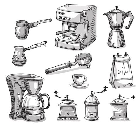 Coffee Icon, Coffee Tattoos, Coffee Making, Coffee Drawing, Coffee Illustration, Object Drawing, 캐릭터 드로잉, 수채화 그림, Coffee Machines