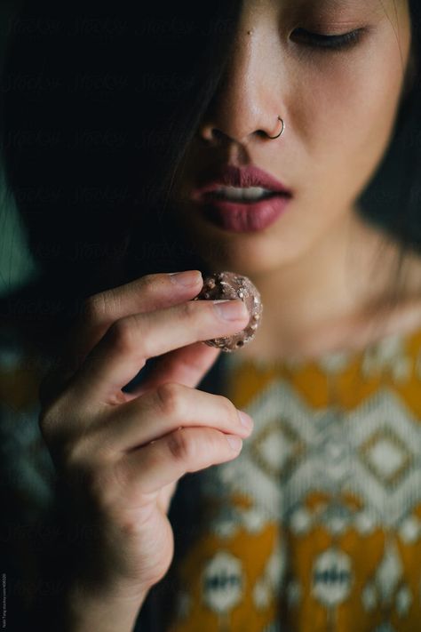 Woman Eating Chocolate, Indian Food Photography, Chocolate Ball, Food Photography Dessert, Woman Eating, Chocolate Photos, Eating Chocolate, Food Photoshoot, Self Photography