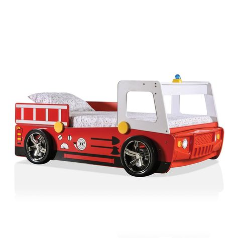 Nothing could be more fun for your little firefighter-to-be than this whimsical firetruck bed. It's designed and painted to look like a real firetruck, complete with wheels and windows at the foot of the bed. Decorative ladder panels double as side rails to keep restless sleepers in bed. Fun in a bedroom or even in the playroom to create a spot for quiet time. Fire Truck Bed, White Twin Bed, Firetruck Bed, Toddler Car Bed, Twin Car Bed, Twin Car, Kids Twin Bed, Red Race, Bed With Led Lights