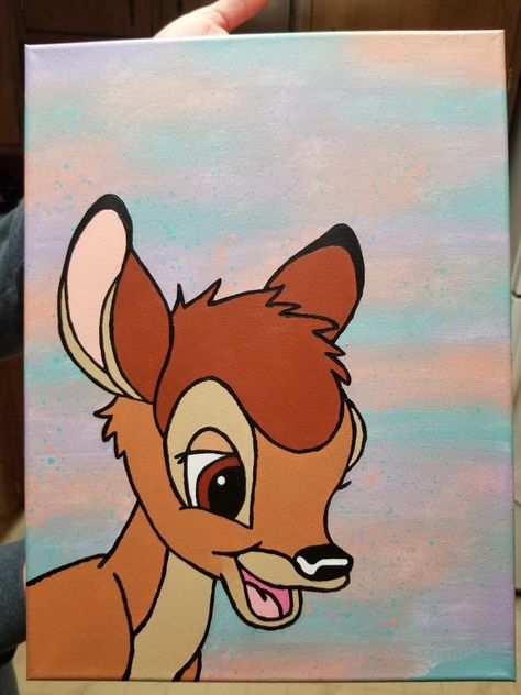 Hand painted/drawn acrylic painting on 10x16 canvas Disney Paintings On Canvas Easy, Bambi Painting Canvas, Aesthetic Disney Painting, Cartoon Acrylic Painting Ideas, Disney Cartoon Paintings, Disney Canvas Painting Ideas, Disney Characters Paintings, Disney Acrylic Painting Easy, Simple Cartoon Paintings On Canvas