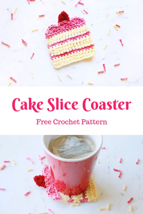 How to Crochet a Cake Slice Coaster | E'Claire Makery Crochet Cup Coaster, Crochet Cake, Crochet Cupcake, Patterned Cake, Easy Crochet Projects, Food Patterns, Crochet Gift, Crochet Food, Beginner Crochet Projects