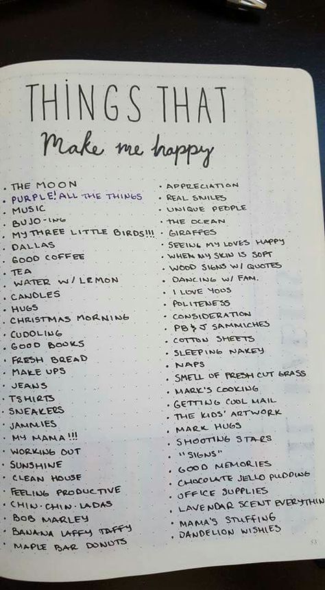 Things that make me happy - borrowed spread Bullet Journal Lists, Bullet Journal 2019, Journal Lists, Self Care Bullet Journal, Bullet Journal Mood, Bullet Journal Aesthetic, Bullet Journal Notebook, Health Journal, Diary Ideas