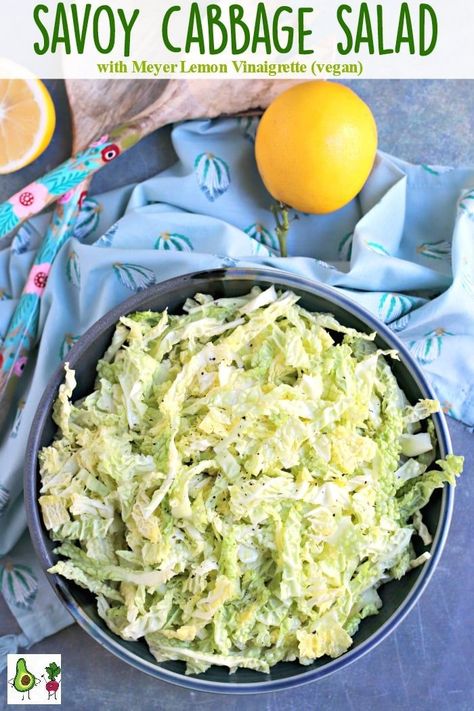 Savoy Cabbage Salad with Meyer Lemon Vinaigrette is a light and healthy dish. Enjoy it as a side or add your favorite toppings and make it a meal. This salad is naturally vegan and gluten-free. #savoycabbagesalad #savoycabbage #salad #cabbage #meyerlemonvinaigrette #lemondressing #vegan #vegetarian #glutenfree #healthy #recipe #veggiessavetheday Meyer Lemon Vinaigrette, Salad Cabbage, Raw Cabbage, Cabbage Salad Recipes, Savoy Cabbage, Vegan Salad Recipes, Lemon Vinaigrette, Cabbage Salad, Meyer Lemon