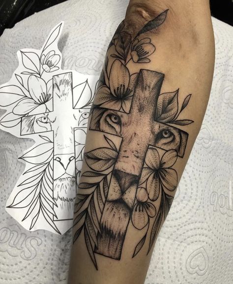 Biblical Tattoo Coverups, Christian Calf Tattoos For Women, Christian Upper Arm Tattoos For Women, God Honoring Tattoos, Above The Knee Tattoo Western, Faith Sleeve Tattoos For Women, Cross And Wildflower Tattoo, Couples Tattoos Biblical, God Tattoos For Women Forearm