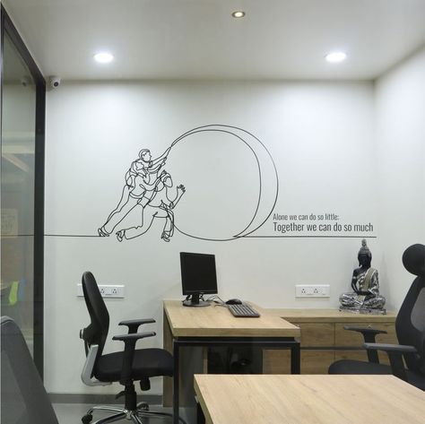 Graphic Designer Office Workspaces, Office Cafeteria Wall Design, Office Interior Design Creative Wall, Office Interior Design Creative, Office Decor Business, Architect Office, Office Graphics, Small Office Design Interior, Office Wall Design