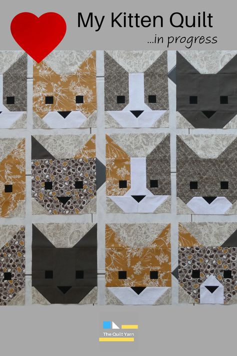 So cute...making Elizabeth Hartmann's Kitten quilt. Have lots more to go but these blocks do come together quite quickly. Cat Scratch Quilt Pattern, Cat Quilt Blocks, Cat Quilts Ideas, Cat Quilt Block Pattern Free, Kitten Quilt, Quilted Cat, Cats Quilt, Cat Projects, Cat Quilt Block