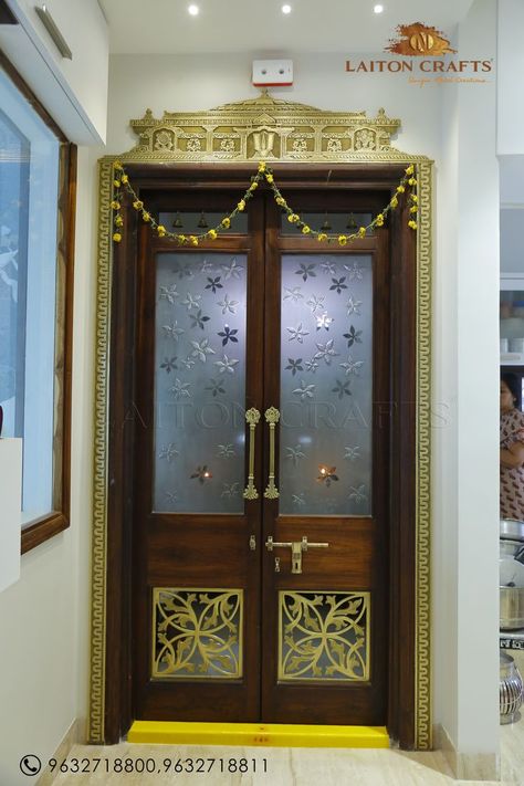 Brass Metal Pooja Room Decor Simple Pooja Room Ideas, Simple Pooja Room, Pooja Room Ideas, Pooja Room Door, Pooja Door, Pooja Door Design, Doors Handles, Main Doors, House Main Door Design