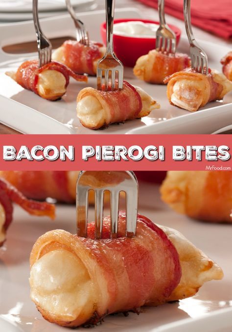 These make a great last-minute appetizer for any occasion. They're just 3 ingredients and everyone loves them! Perogie Appetizers, Perogies Appetizer, Bacon Wrapped Perogies, Easy Bacon Appetizers, Pierogi Appetizer, Polish Appetizers, Bacon Pierogi, Last Minute Appetizer, Gluten Free Puff Pastry