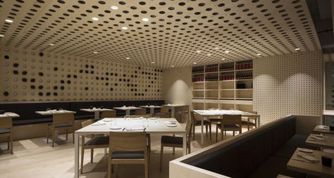 © Fernando Alda Inspiring Outdoor Spaces, Interior Design News, Facade Panel, Wood Seating, Modern Restaurant, Elements Of Design, Acoustic Panels, Wall Cladding, Commercial Interiors