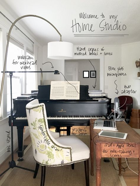 Home Office And Piano Room, Music Lesson Studio Design, Piano Studio Design, Home Piano Studio, Piano Studio Room, Piano Office, Music Practice Room, Piano Rooms, Piano Room Decor