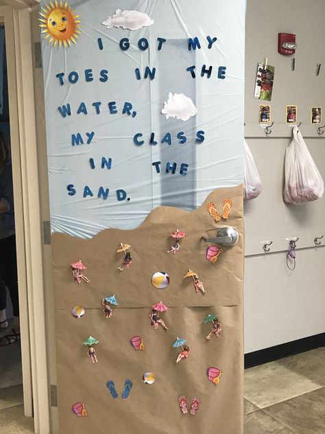 Beach door decoration. Under the sea. Classroom. Classroom door. At the beach. Classroom Door Beach Theme, Beach Classroom Door Ideas, Under The Sea Classroom Ideas, Beach Theme Classroom Door, Ocean Classroom Door Ideas, Sea Classroom Door, Beach Classroom Door, Under The Sea Door Decorations Classroom, Under The Sea Classroom Door