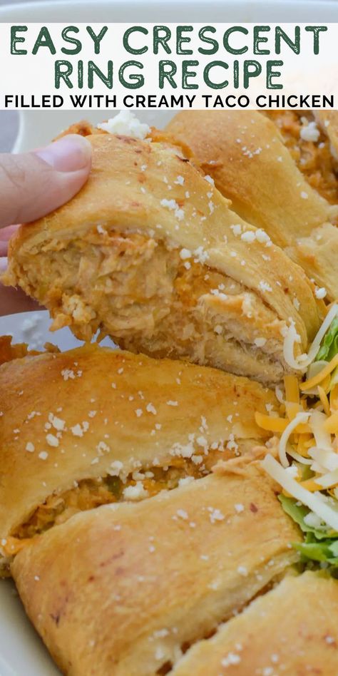 This Crescent Ring recipe is stuffed full of creamy chicken, green chilis, and shredded cheese! The flaky crescent roll crust makes this appetizer or dinner super easy and perfect for parties! Rolled Chicken Tacos, Taco Crescent Ring, Easy Delicious Chicken Recipes, Crescent Roll Recipes Dinner, Quick And Easy Chicken Recipes, Taco Ring, Crescent Roll Crust, Taco Chicken, Green Chilis