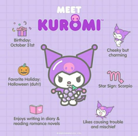 Facts About Kuromi, Kuromi Friends, Phoebe Core, Cute Kuromi, Karakter Sanrio, Sanrio Stuff, Hello Kitty Crafts, Catty Noir, Images Kawaii