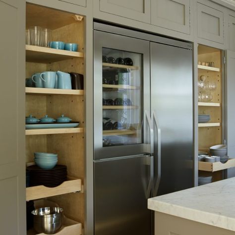 larders around double fridge look: Handleless Shaker Kitchen Beckenham  Kent Handleless Shaker Kitchen, Built In American Fridge Freezer, Integrated Fridge Freezer Handles, Integrated Double Fridge Freezer, Breakfast Cupboard, Double Fridge, 50/50 Integrated Fridge Freezer, Handleless Kitchen, Painted Kitchen