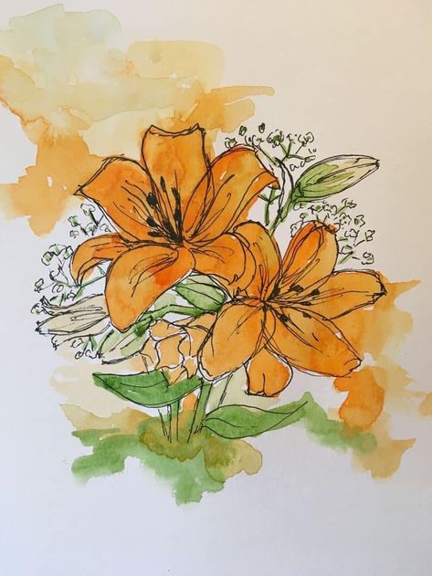 Watercolor Daylilies, Watercolor And Pen Flowers, Daylily Drawing, Watercolor Inspo Easy, Lily Watercolor Painting, Nature Canvas Painting, Canvas Painting For Beginners, Oil Painting Background, Painting Ideas For Beginners