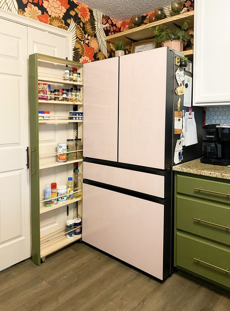 Fridge Gap Slide Out Pantry, Pull Out Pantry Beside Refrigerator, Movable Pantry, Cabinet For Spices, Roll Out Pantry, Colorful Eclectic Kitchen, Spice Pantry, Slide Out Storage, Rolling Pantry