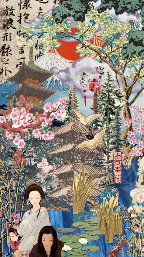 #asian #asianart #vibes #art #vintage May you can leave a like?! It helps so much 😅🥹 Japanese Collage, Patchwork Aesthetic, Phone Makeover, Places Aesthetic, Artist Wallpaper, Chinese Background, Wallpapers Ideas, Shadow Drawing, Iphone Wallpaper Landscape