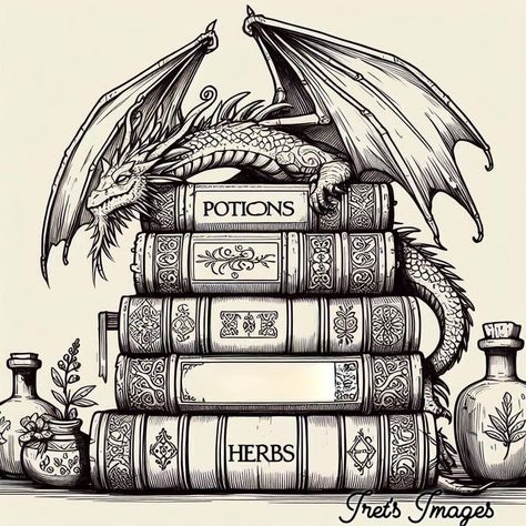 Dragon Book Aesthetic, Dragons And Castles, Dragon On Books Tattoo, Fantasy Book Drawing, Book Inspired Tattoos, Harry Potter Coloring Pages, Tattoo Zeichnungen, Harry Potter Drawings, Book Wallpaper